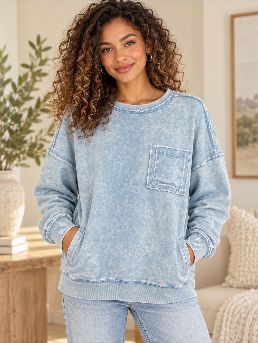 Zenana Mineral-Washed French Terry Pocket Sweatshirt – Blue Grey 🩵